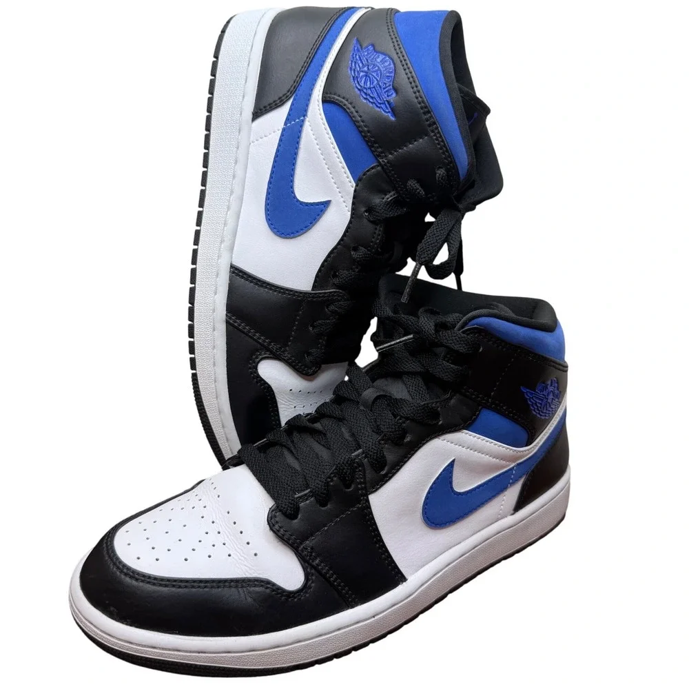 Air Jordan 1 Mid Signal Blue Black White Sneakers 554724-140 Mens Size 10